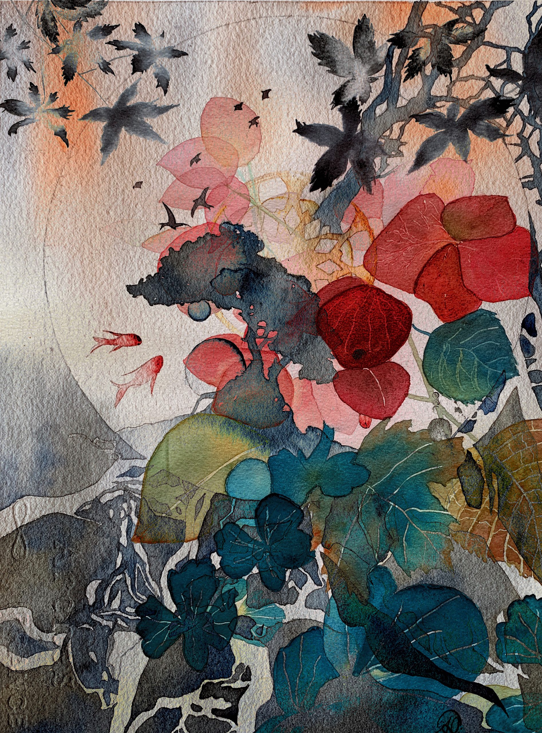 Impression d'art fleurs feuilles arbre de vie rouge et noir
