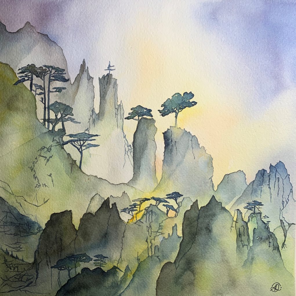 Aquarelle originale montagnes jaunes asie lointain
